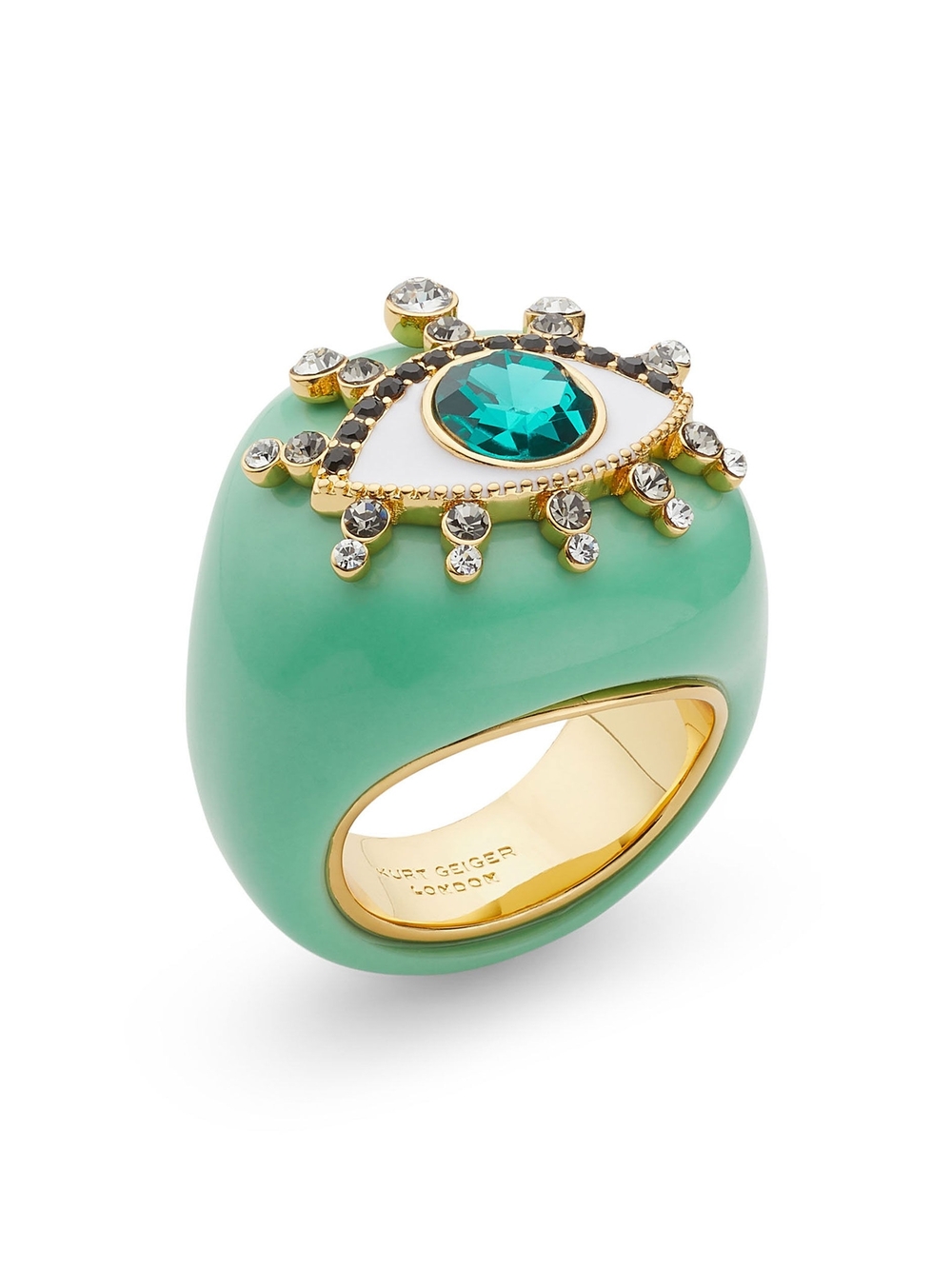 KURT GEIGER Green Enamel Evil Eye Cocktail Ring with Crystal Accent